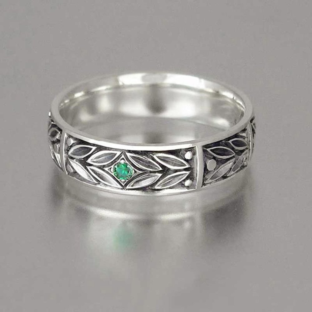 💍 Carved Ethnic Retro Leaf Tiny Green Zircon Ancient Silver Vintage Ring,VIP349